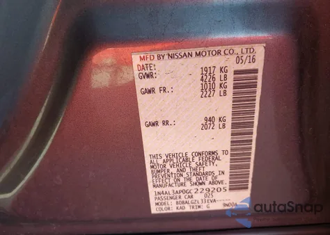 2016 Nissan Altima 2.5/2.5 S/2.5 Sl/2.5 Sr/2.5 Sv from USA, damaged, VIN 1N4AL3AP0GC229205